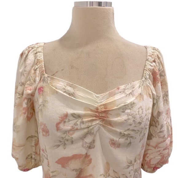 Puff Sleeve Floral Sweetheart Neck Linen Prairie Style Top - Picture 3 of 9